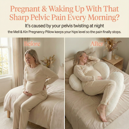 Pregnant woman using a pregnancy pillow with text about pelvic pain relief.